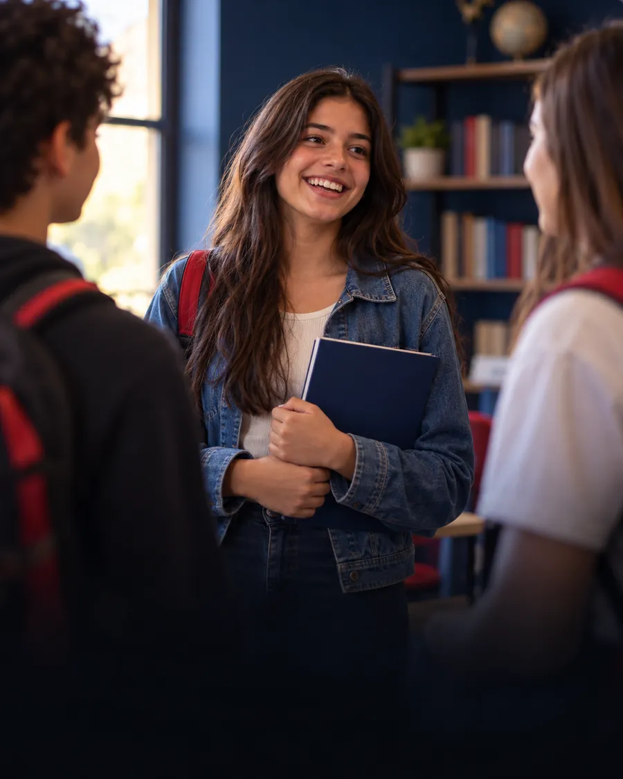 Adolescente conversando em inglês com colegas