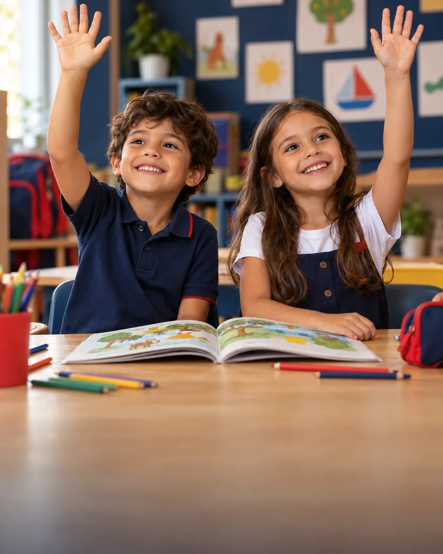 Duas crianças levantando a mão durante a aula de inglês
