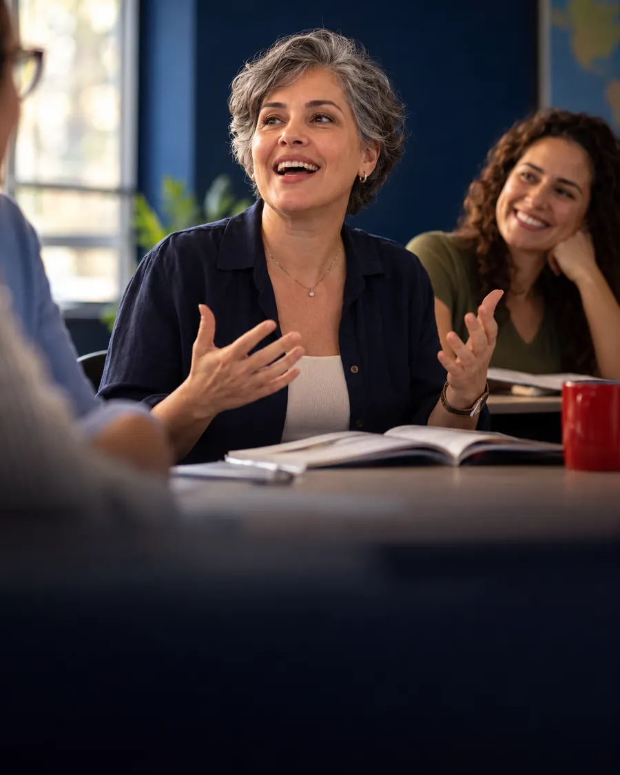 Adulta iniciante sorrindo durante a primeira aula de inglês